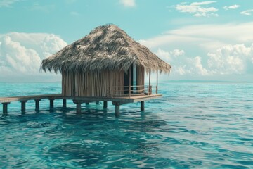 Experience the Beauty of a Traditional Thatched Cottage Over Water Stilts in a Tropical Paradise with Crystal Clear Lagoons and Pristine Beaches