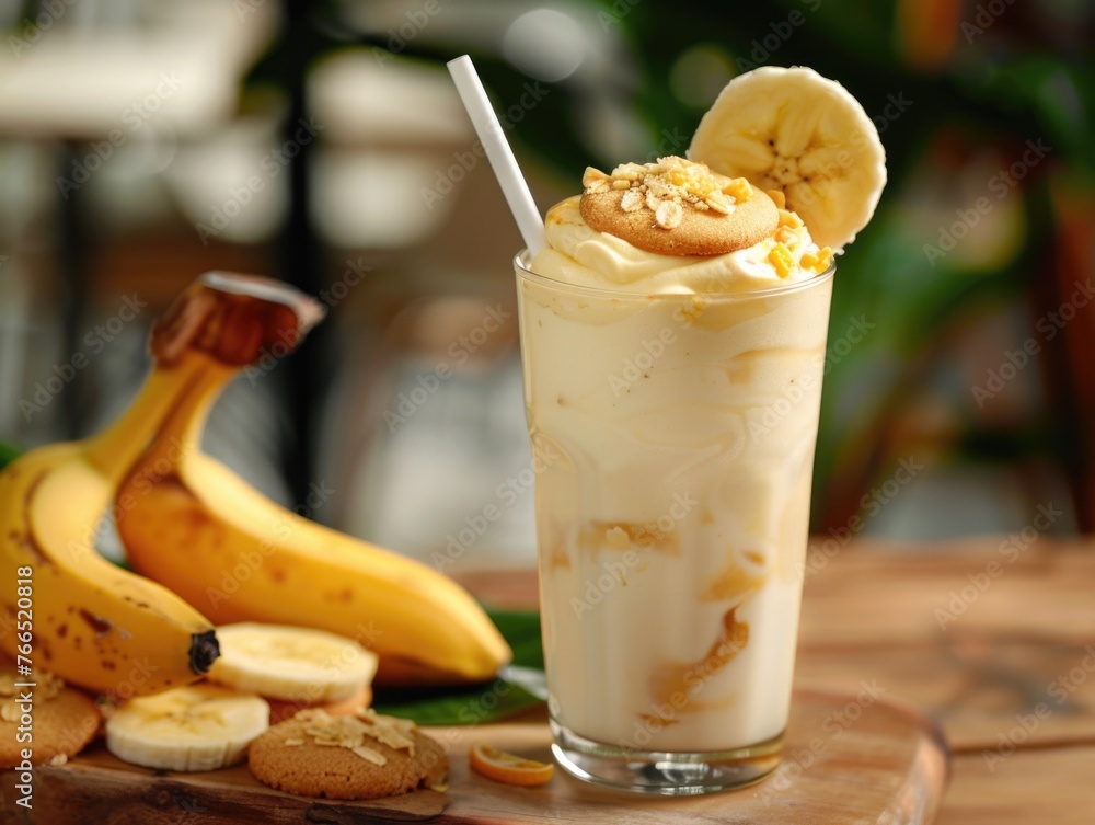 Poster a glass of banana split with banana slices on the table. the banana slices are on top of the ice cre