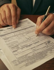 Close-up of hands filling out tax Form 1040, a common financial task for tax reporting and compliance