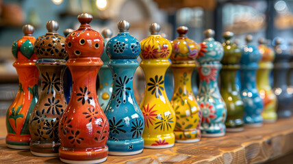 Colorful ceramic pepper mills on a table - obrazy, fototapety, plakaty