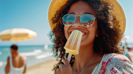 Fototapeta premium Joyful African American Woman with Popsicle on Summer Beach Day