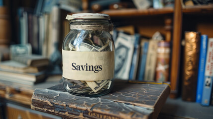 Jar labeled "Savings" with money inside