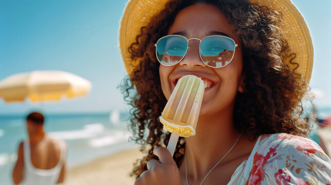 Joyful African American Woman with Popsicle on Summer Beach Day