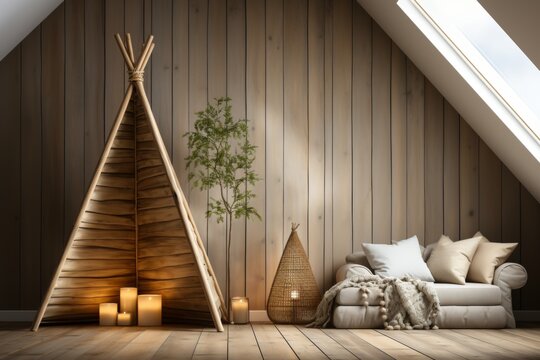 Modern wooden room with comfortable white sofa, vibrant green plant, and fun wigwam for kids