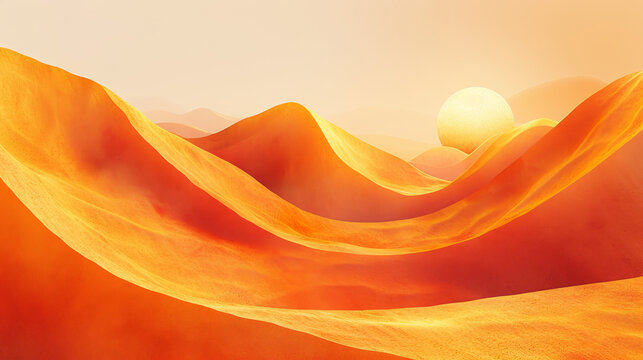 Golden sun setting over smooth orange sand dunes.