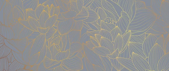 Afwasbaar Fotobehang Wilde Westen Luxury golden lotus flower line art background vector. Natural botanical elegant flower with gold line art. Design illustration for decoration, wall decor, wallpaper, cover, banner, poster, card.