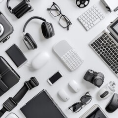 A neatly arranged collection of white and black technological devices and accessories on a clean backdrop