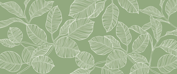 Botanical leaf line art background vector. Natural botanical elegant leaves with white line art on green background. Design illustration for decoration, wall decor, wallpaper, cover, banner, card. - obrazy, fototapety, plakaty