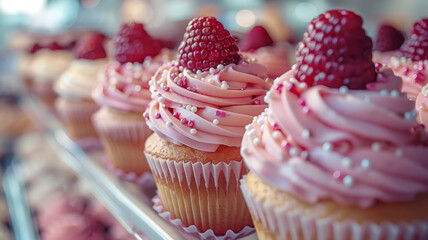 Rows of cupcakes with pink frosting and raspberries