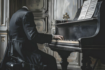 A pianist in a suit performs on a headless piano in darkness - obrazy, fototapety, plakaty