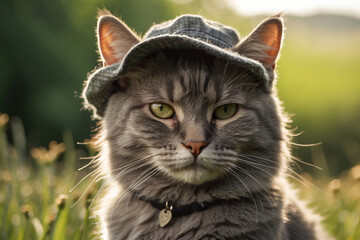 A cat wearing a hat is sitting in a field of yellow flowers