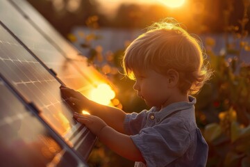 Young boy captivated by the intricate design of a solar panel as the sun sets, illustrating the wonder of sustainable energy exploration. - obrazy, fototapety, plakaty