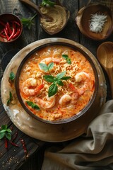 A bowl of soup with shrimp and basil on top. The bowl is on a wooden table with a spoon nearby