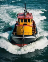 A bold yellow tugboat advancing powerfully through the choppy blue waves of the ocean, showcasing strength and navigation.