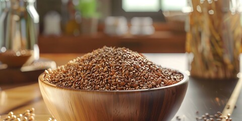 A bowl of brown grains sits on a wooden table. The grains are scattered around the bowl, and the bowl itself is filled to the brim. Concept of abundance and nourishment