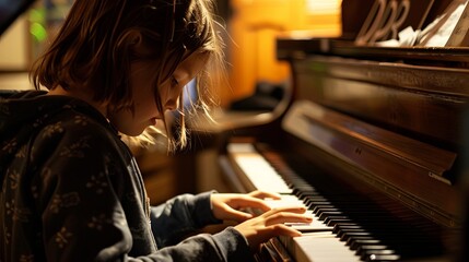 female pianist hands on grand piano keyboard. portrait of a cute little child playing piano in...