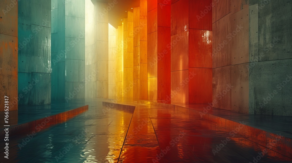 Poster an architecturally intriguing corridor bathed in a gradient of colors, casting a captivating atmosph