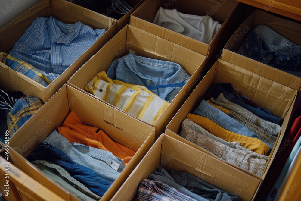 Poster a drawer full of clothes in cardboard boxes. the boxes are stacked in a row and the clothes are neat