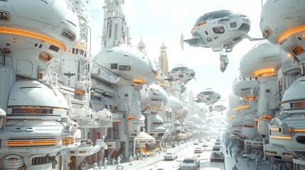  Futuristic city of tall skyscrapers with a spaceship flying over it. Science fiction.