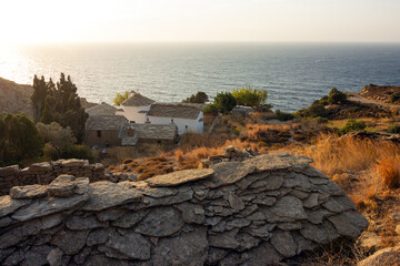 Beautiful Mavrianou monastery with slate roof and fantastic sea view, monastery of the annunciation, Ikaria, Greece