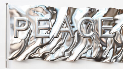 The word "PEACE" on a silver fabric in shabby look with signs of wear.