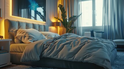 A bedroom with a bed, a lamp, and a plant. The bed is unmade and the curtains are drawn. The room has a cozy and comfortable atmosphere