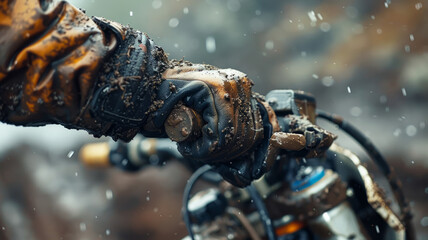 A dirty motorcycle glove on throttle