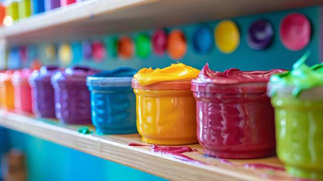 Rows of colorful paint containers