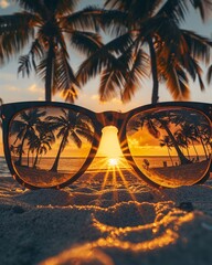sunny beach with palm trees reflecting on a sunglass, high detail, ultra realistic , golden hour lighting