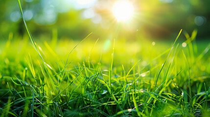 Close up portrait of grass field on summer with beautiful rays of sunshine, 