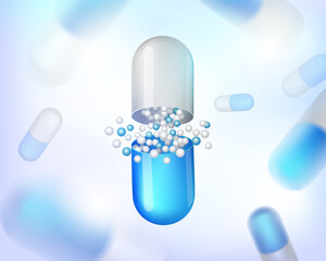 Capsules for info graphic. Painkillers, antibiotics, vitamins, amino acids, minerals, bio active additive, sports nutrition. Icons of medicament. Medical illustration on blue background.