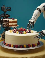 A creative display of a robot arm garnishing a cake with fresh berries, showcasing the intersection of technology and the art of patisserie