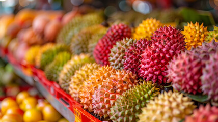 Rows of durian fruit at a market.