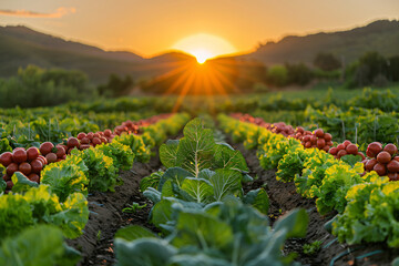 Irrigated farmland with rows of vegetables at sunset. Sustainable agriculture and food supply concept. Golden hour light over the rural landscape for design and print - obrazy, fototapety, plakaty