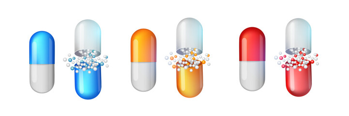 white-orange capsule on a white background. Painkillers, antibiotics, vitamins, amino acids, minerals, bio active additive, sports nutrition. Icons of medicament. Medical illustration 
