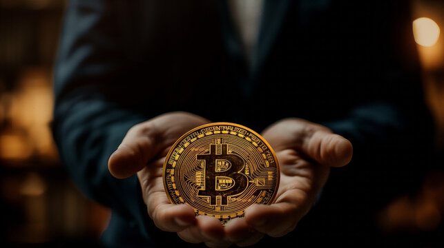Bitcoin in handpalm of man in suit, physical cryptocurrency future of finance