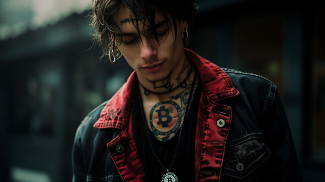 Young punk emo guy with face and neck bitcoin tattoos, crypto believer generation of the future