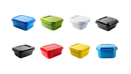 Many colorful food containers isolated on a transparent background