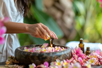 Spa therapist pouring essential oil into ceramic bowl with floating flowers for rejuvenating massage therapy session at luxury spa. - obrazy, fototapety, plakaty