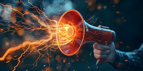 A hand holding a realistic 3D megaphone with lightning symbols representing social media advertising and promotion. Concept Social Media Marketing, Digital Advertising, Promotion Strategies - obrazy, fototapety, plakaty