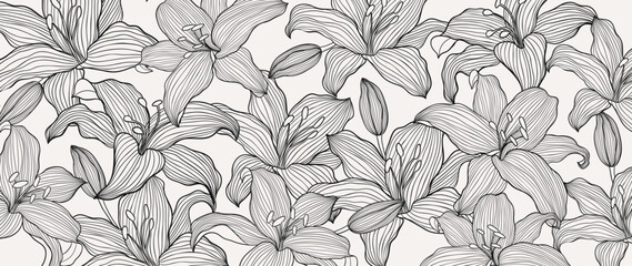 Abstract floral line art vector background. Leaf wallpaper of tropical flower, leaf branch, plants, lily in hand drawn pattern. Botanical jungle illustrated for banner, prints, decoration, fabric.