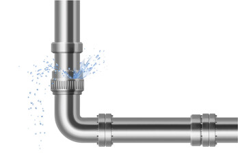 Plumbing, piping, realistic pipes.
Leakage of water pipes. Broken steel pipeline with leak, leaky valve, drip fittings, burst pipe, leak, leaking pipes. vector illustration
