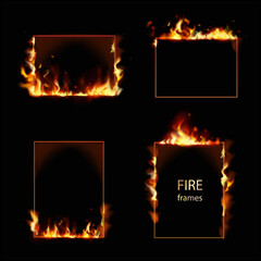Rectangular burning borders. Square frames in fire with flying particles and sparks. Flame 3dtongues. Realistic burning foam with copy space for text