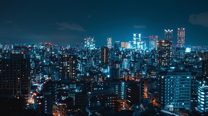Fototapeta na wymiar Night view of Tokyo, JAPAN, Bangkok urban cityscape skyline night scene with empty asphalt floor on front glass buildings with cloudy blue sky background