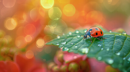 Ladybug on a leaf with dew drops.