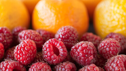 Glossy red raspberries and ripe yellow oranges aligned neatly with space for text on blank labels.