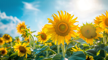 Photo of bright yellow sunflowers. Summer background