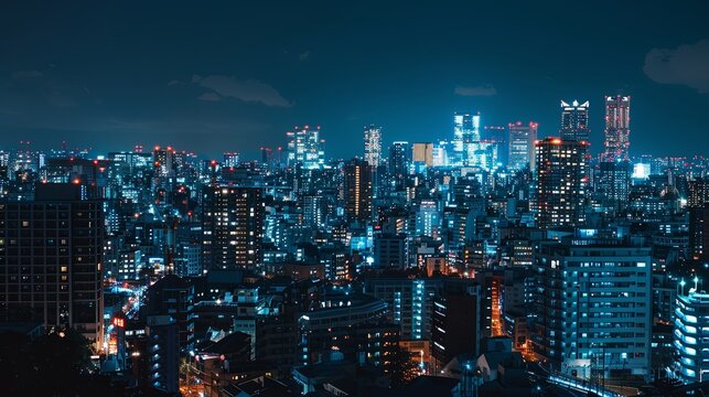 Night view of Tokyo, JAPAN, Bangkok urban cityscape skyline night scene with empty asphalt floor on front glass buildings with cloudy blue sky background