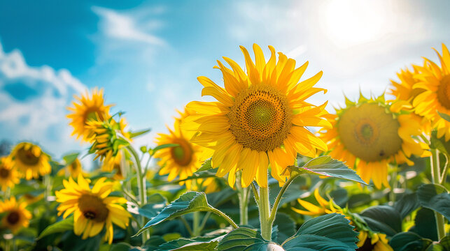 Photo of bright yellow sunflowers. Summer background