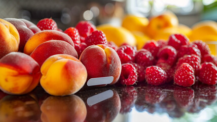 Glossy red raspberries and luscious yellow peaches displayed on a glossy countertop, with blank...
